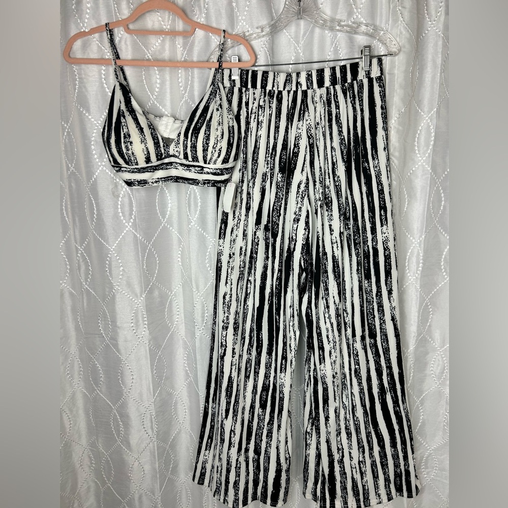 Elegant Black and White Striped Wide Leg Jumpsuit
